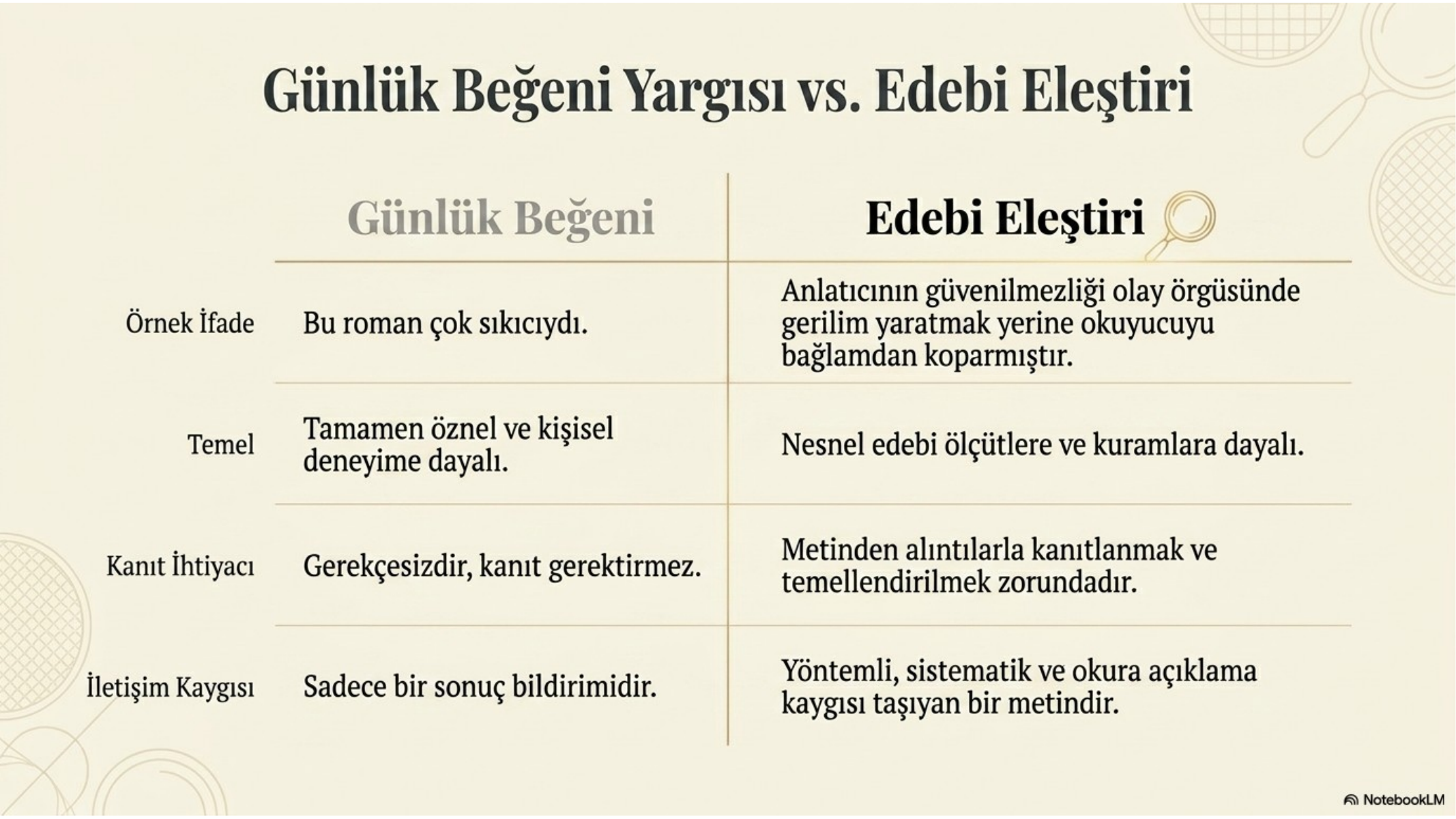 Eleştiri ile beğeni yargısı arasındaki fark görseli