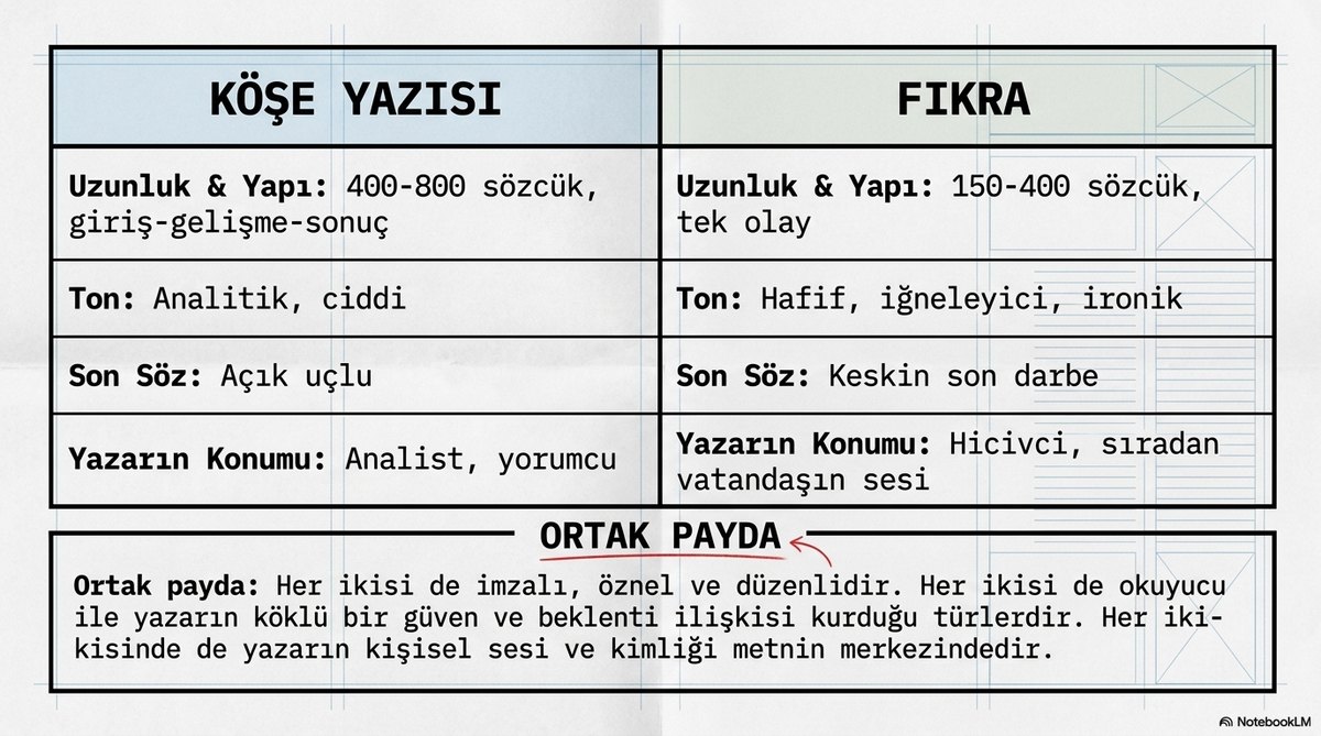 Kose yazisi ve fikra karsilastirma tablosu gorseli