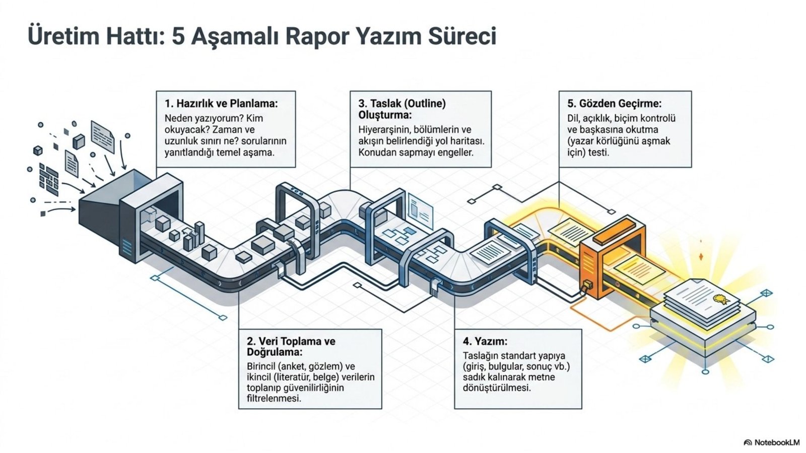 Rapor yazım süreci beş aşama ders notu görseli