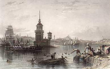 Kız Kulesi'nin 19. yüzyıla ait tarihî gravürü